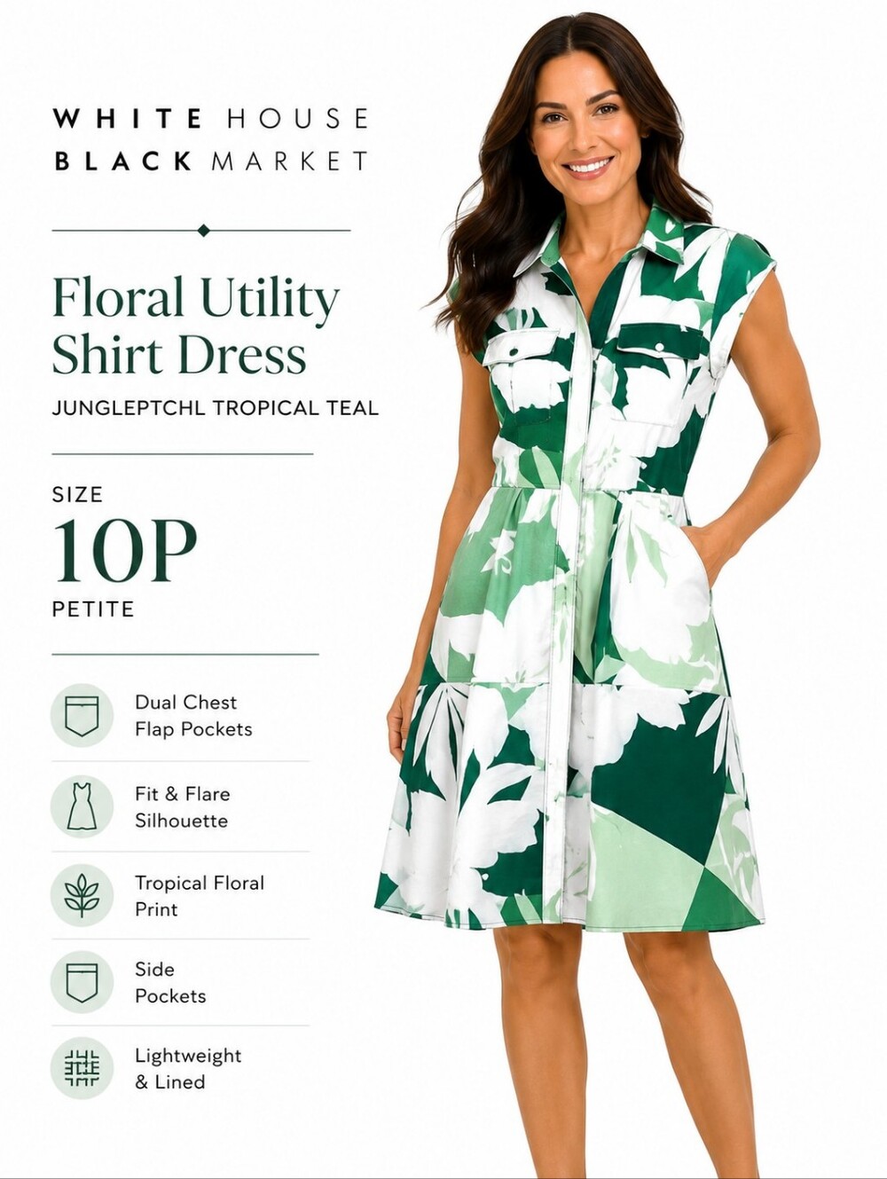 White House Black Market Floral Tropical Utility Shirt Dress Size 10P
